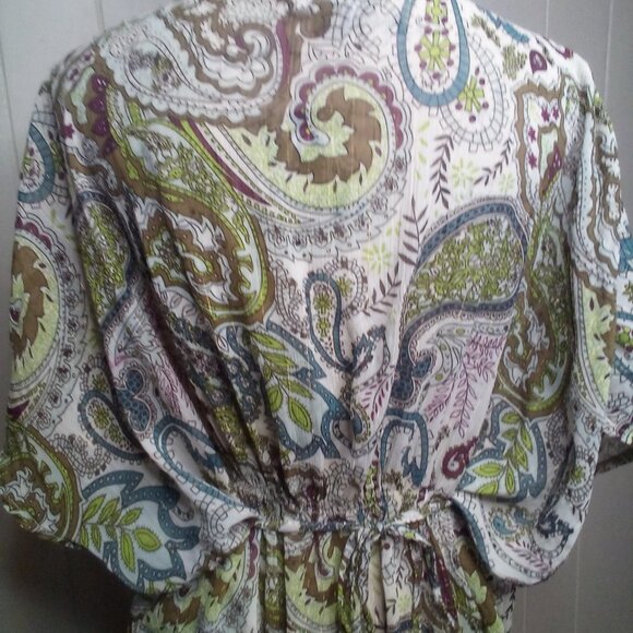 Paper Tee Blouse XL V-Neck Sheer Paisley Green Brown Blue - Picture 2 of 13